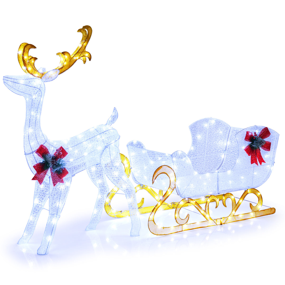 2-Piece Christmas Lighted Reindeer & Santa's Sleigh Decoration Set - White, 6 Feet