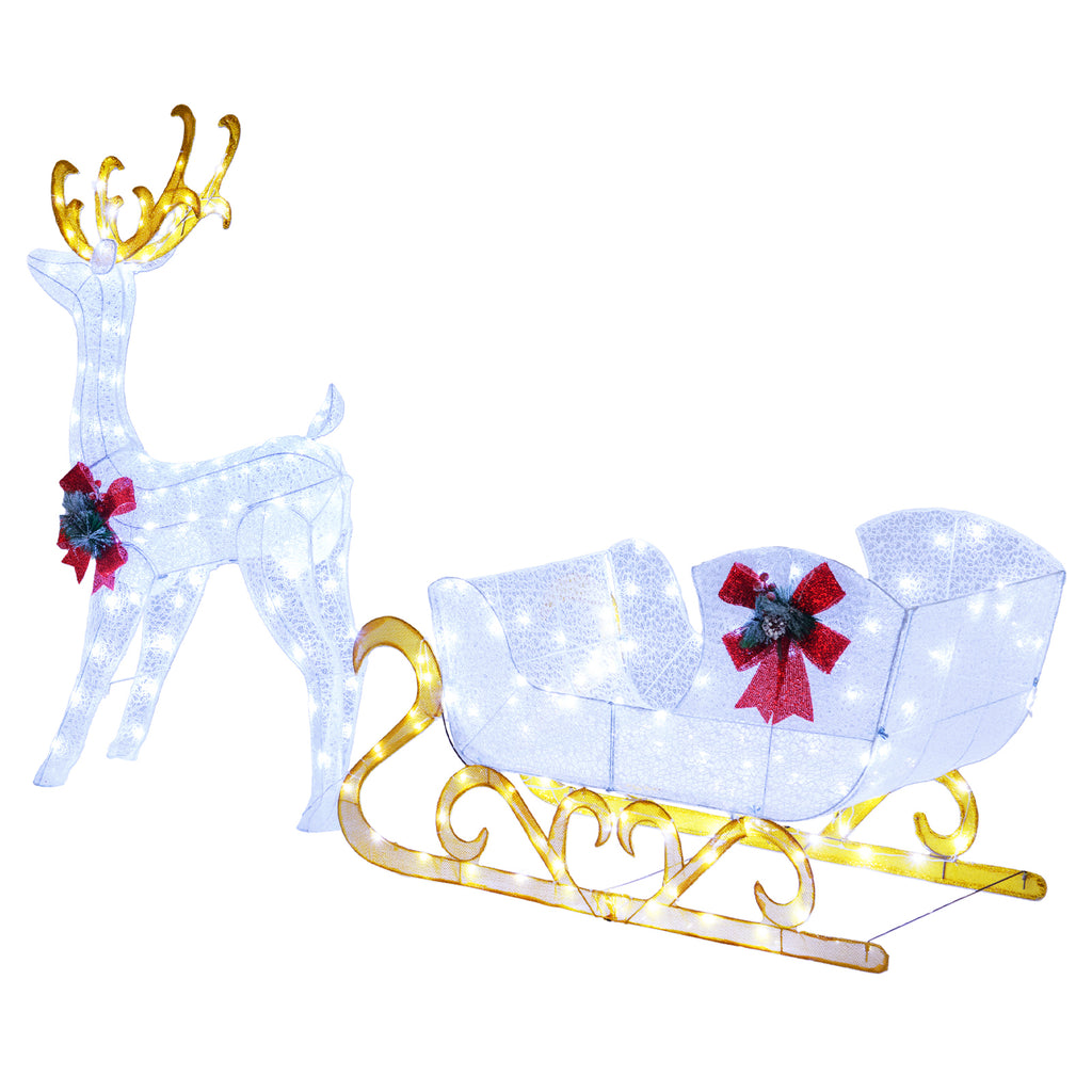 2-Piece Christmas Lighted Reindeer & Santa's Sleigh Decoration Set - White, 6 Feet