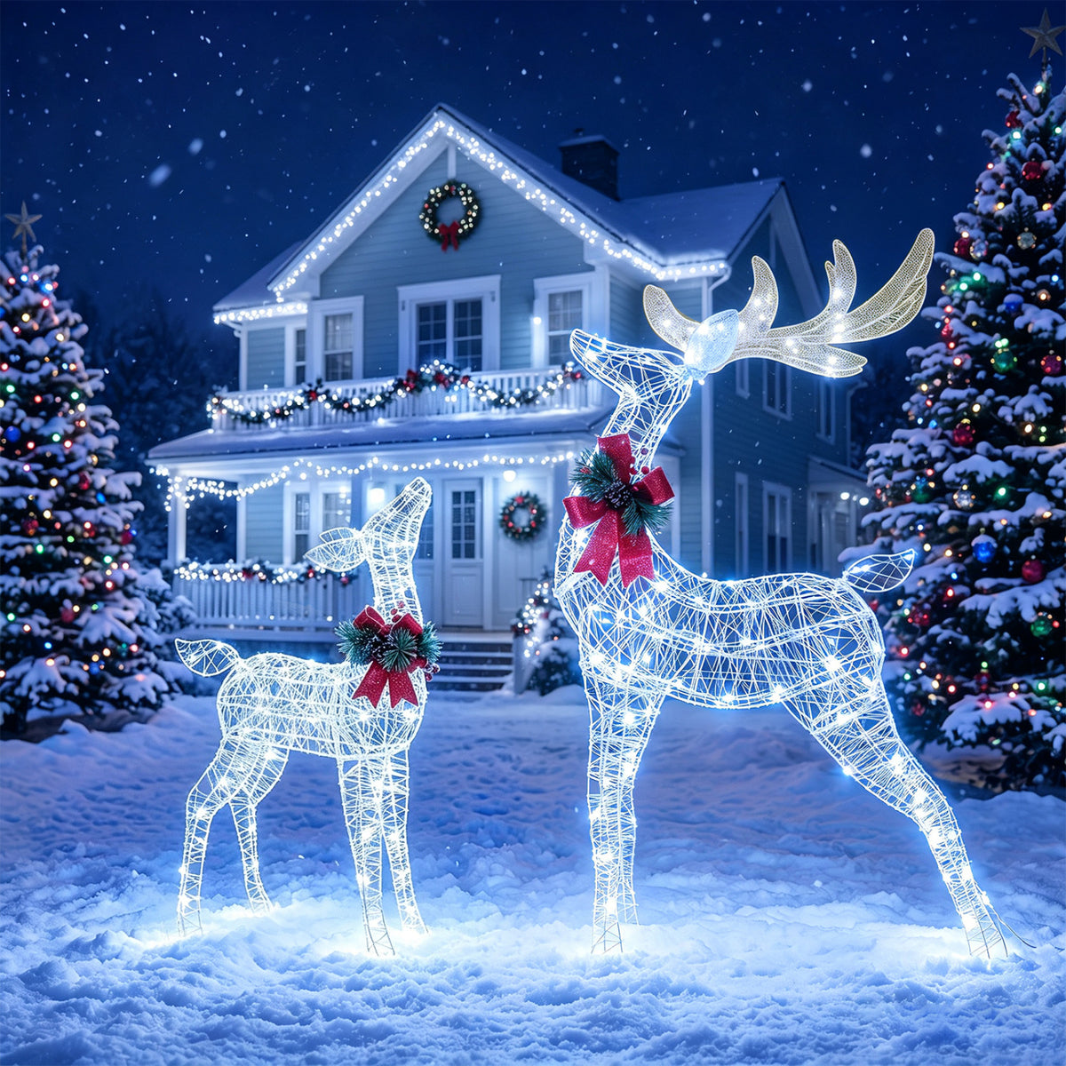 Lighted Christmas Reindeer Decoration with 170 White LED Lights - 2 Reindeers Set