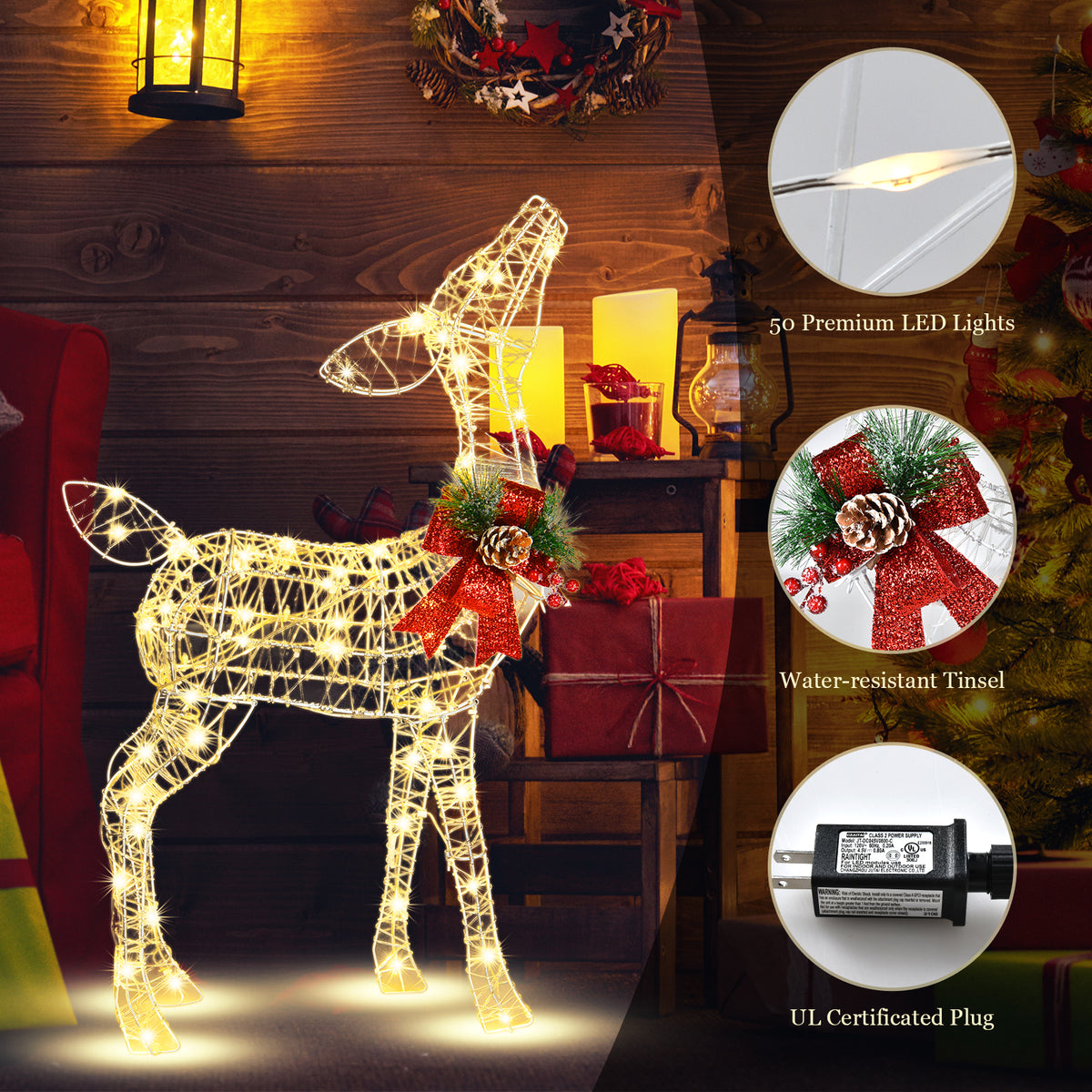 34.5 Inch Lighted Christmas Reindeer Decoration with Warm White LED Lights - Variation: Warm Light