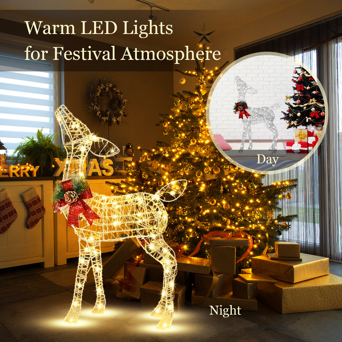 34.5 Inch Lighted Christmas Reindeer Decoration with Warm White LED Lights - Variation: Warm Light