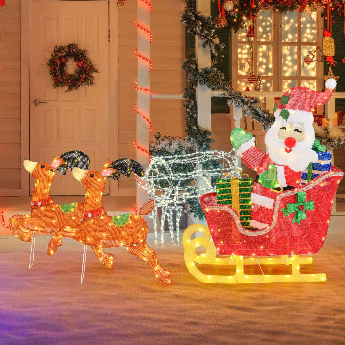 Lighted Christmas Santa on Sleigh with Reindeer & LED Lights - Metal Reindeer Pulling Santa Sleigh with Gifts