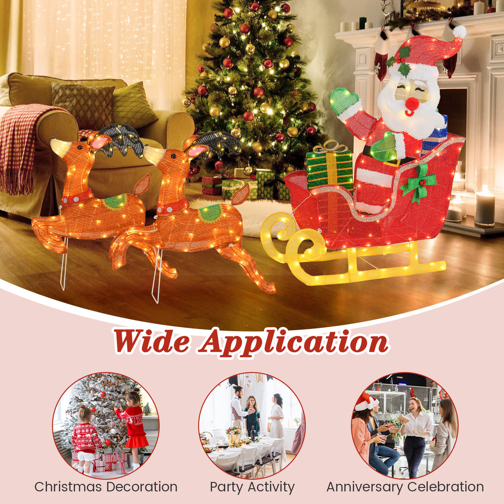 Lighted Christmas Santa on Sleigh with Reindeer & LED Lights - Metal Reindeer Pulling Santa Sleigh with Gifts