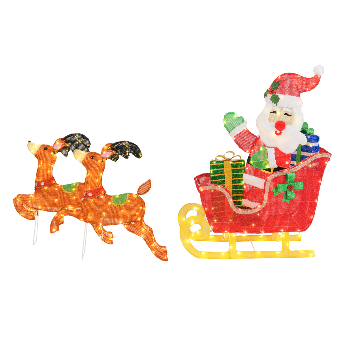 Lighted Christmas Santa on Sleigh with Reindeer & LED Lights - Metal Reindeer Pulling Santa Sleigh with Gifts