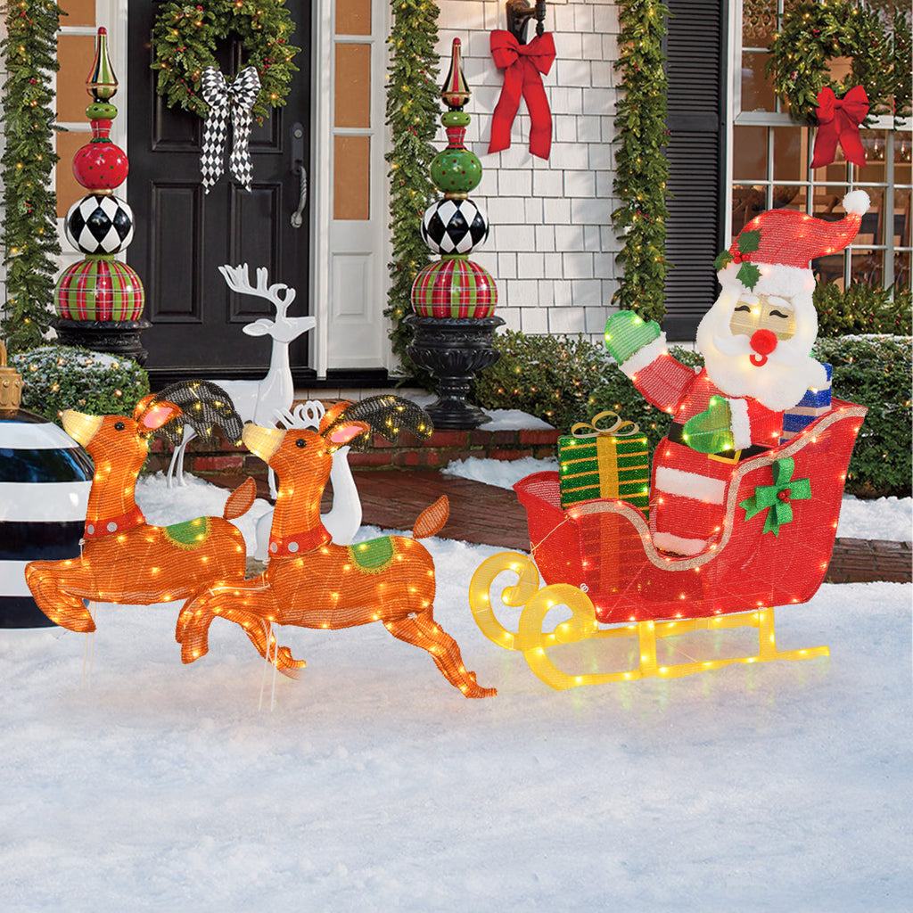 Lighted Christmas Santa on Sleigh with Reindeer & LED Lights - Metal Reindeer Pulling Santa Sleigh with Gifts