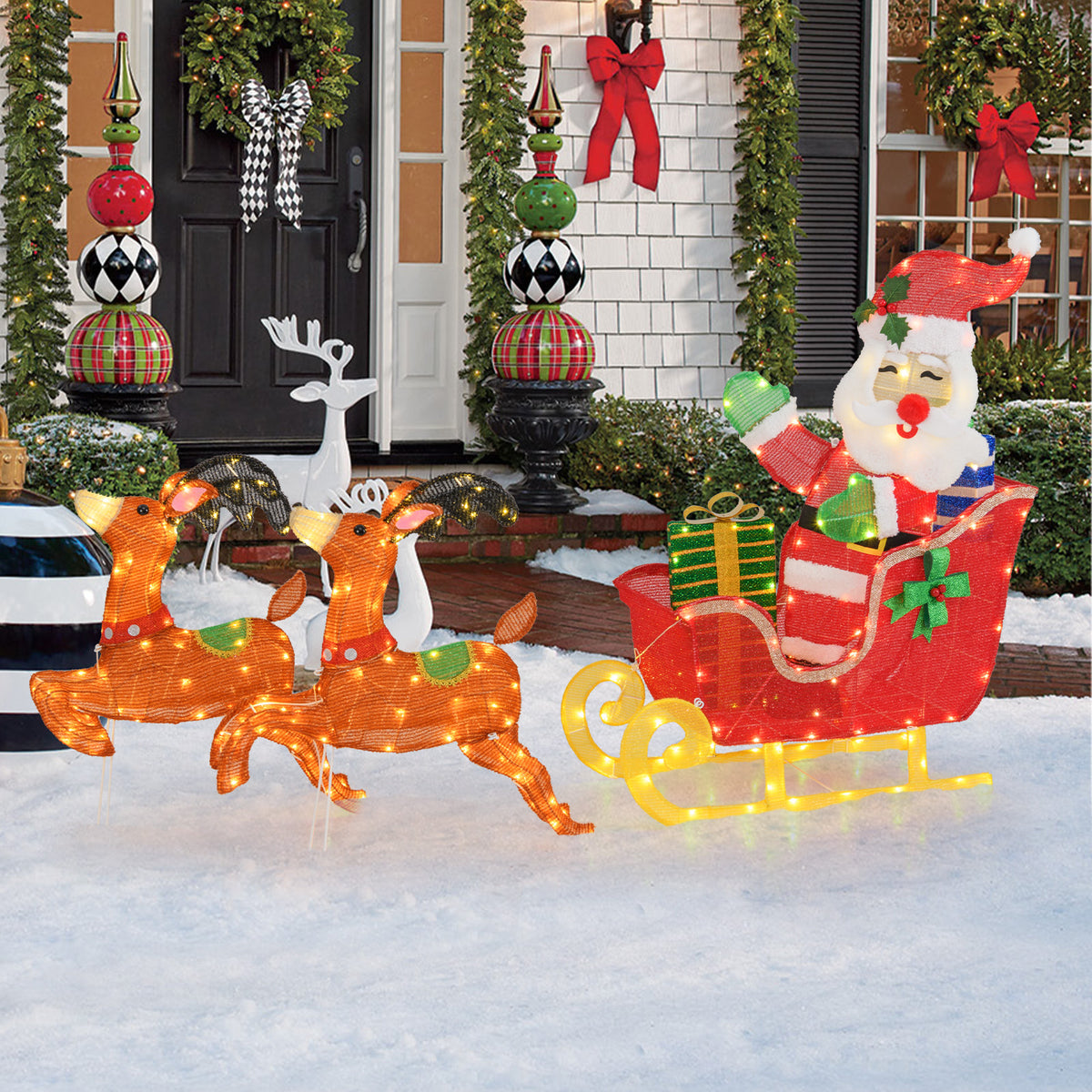 Lighted Christmas Santa on Sleigh with Reindeer & LED Lights - Metal Reindeer Pulling Santa Sleigh with Gifts