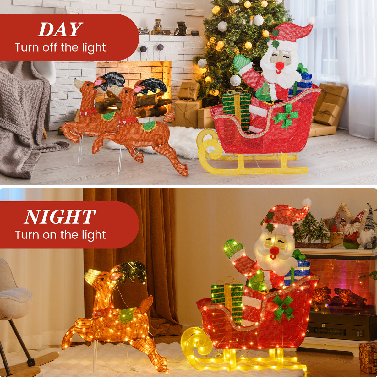 Lighted Christmas Santa on Sleigh with Reindeer & LED Lights - Metal Reindeer Pulling Santa Sleigh with Gifts