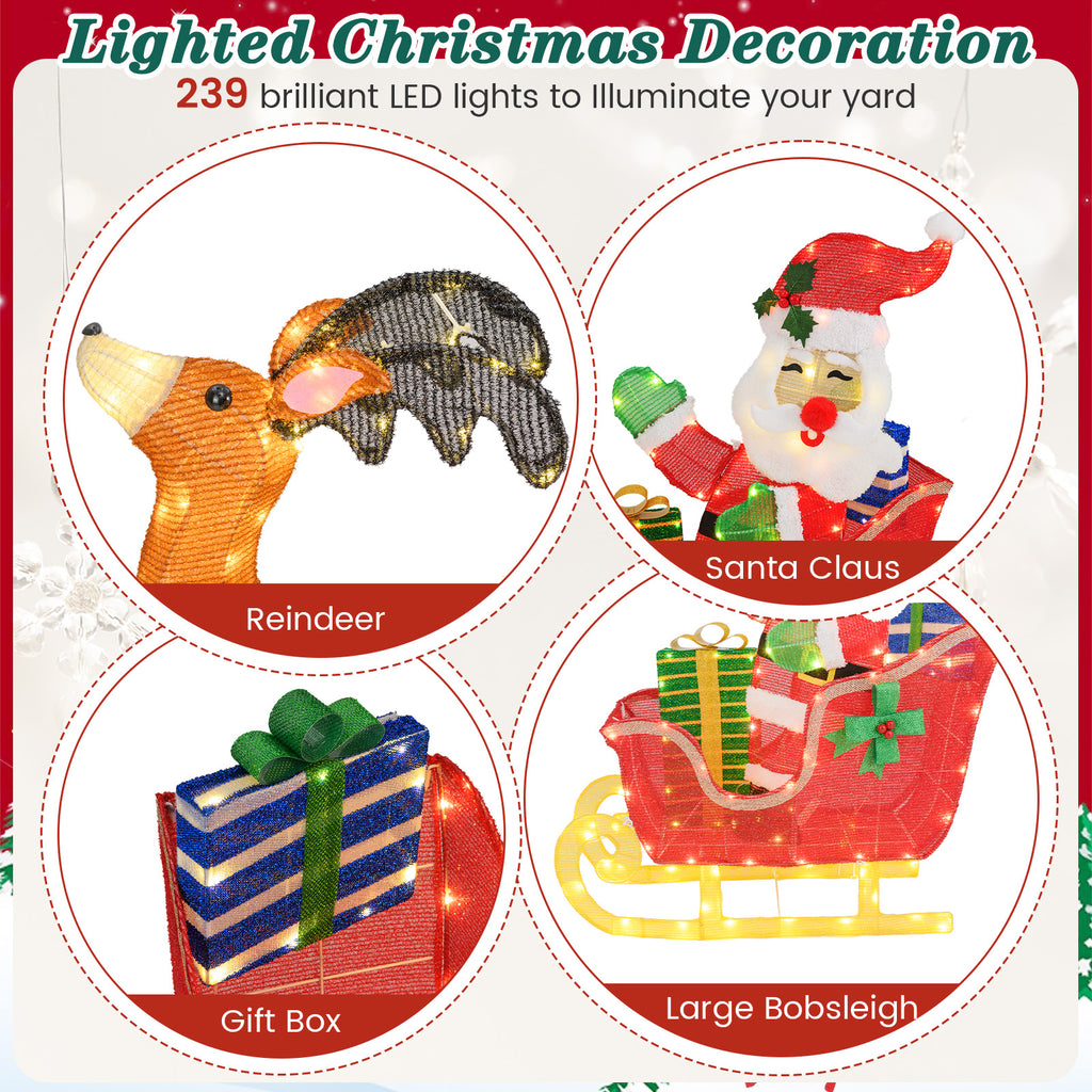 Lighted Christmas Santa on Sleigh with Reindeer & LED Lights - Metal Reindeer Pulling Santa Sleigh with Gifts