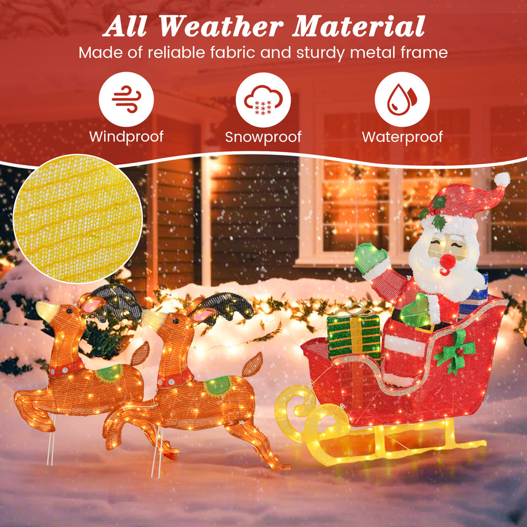 Lighted Christmas Santa on Sleigh with Reindeer & LED Lights - Metal Reindeer Pulling Santa Sleigh with Gifts