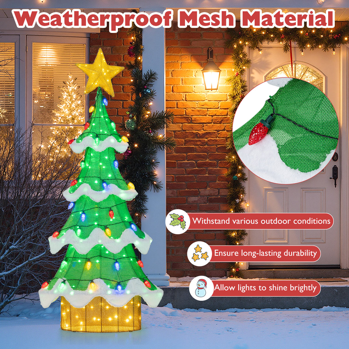 Outdoor Indoor 3D Mesh Christmas Tree with 34 Colorful Strawberry Bulb Lights - 5.2 ft