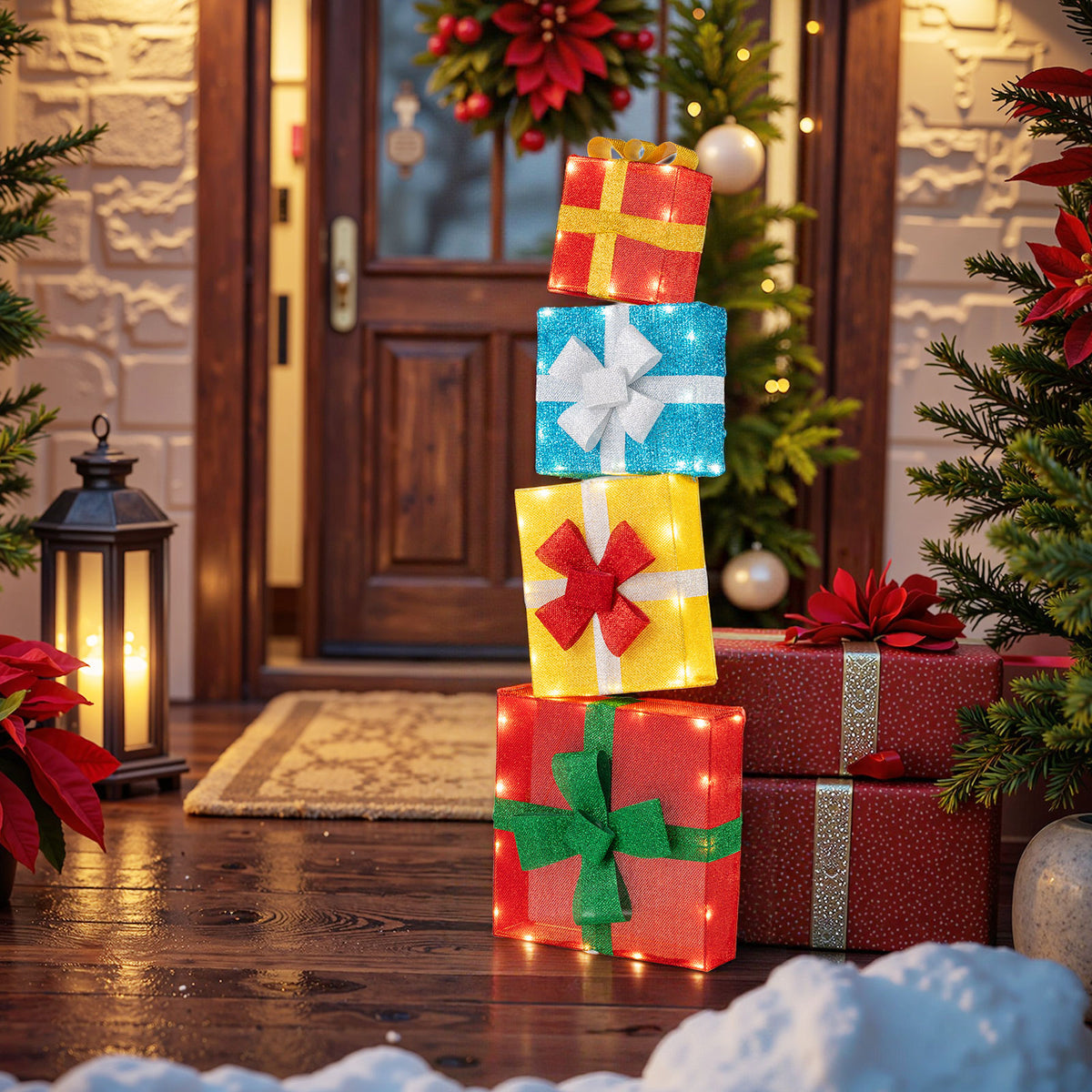 Set of 4 Lighted Christmas Gift Boxes Outdoor Decor - Pre-Lit Holiday Xmas Decorations