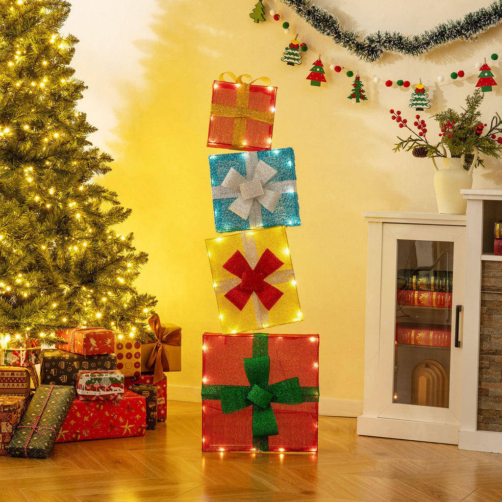 Set of 4 Lighted Christmas Gift Boxes Outdoor Decor - Pre-Lit Holiday Xmas Decorations