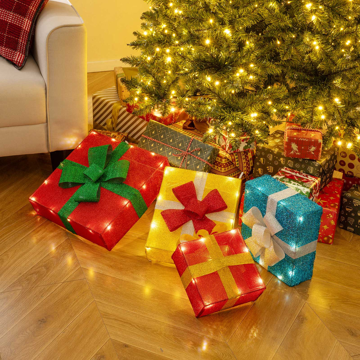 Set of 4 Lighted Christmas Gift Boxes Outdoor Decor - Pre-Lit Holiday Xmas Decorations