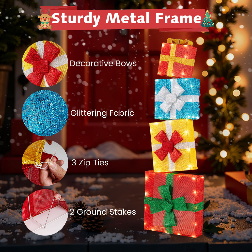 Set of 4 Lighted Christmas Gift Boxes Outdoor Decor - Pre-Lit Holiday Xmas Decorations