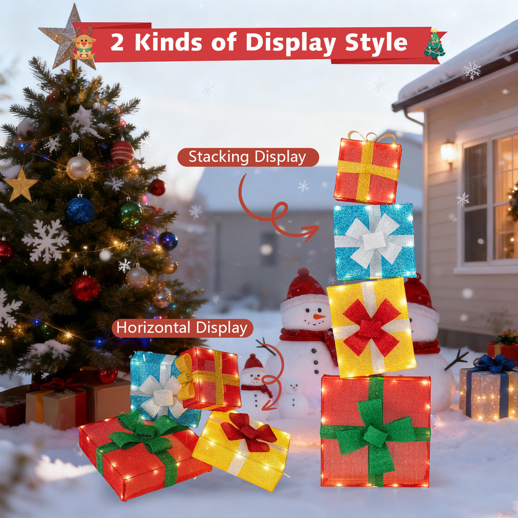 Set of 4 Lighted Christmas Gift Boxes Outdoor Decor - Pre-Lit Holiday Xmas Decorations
