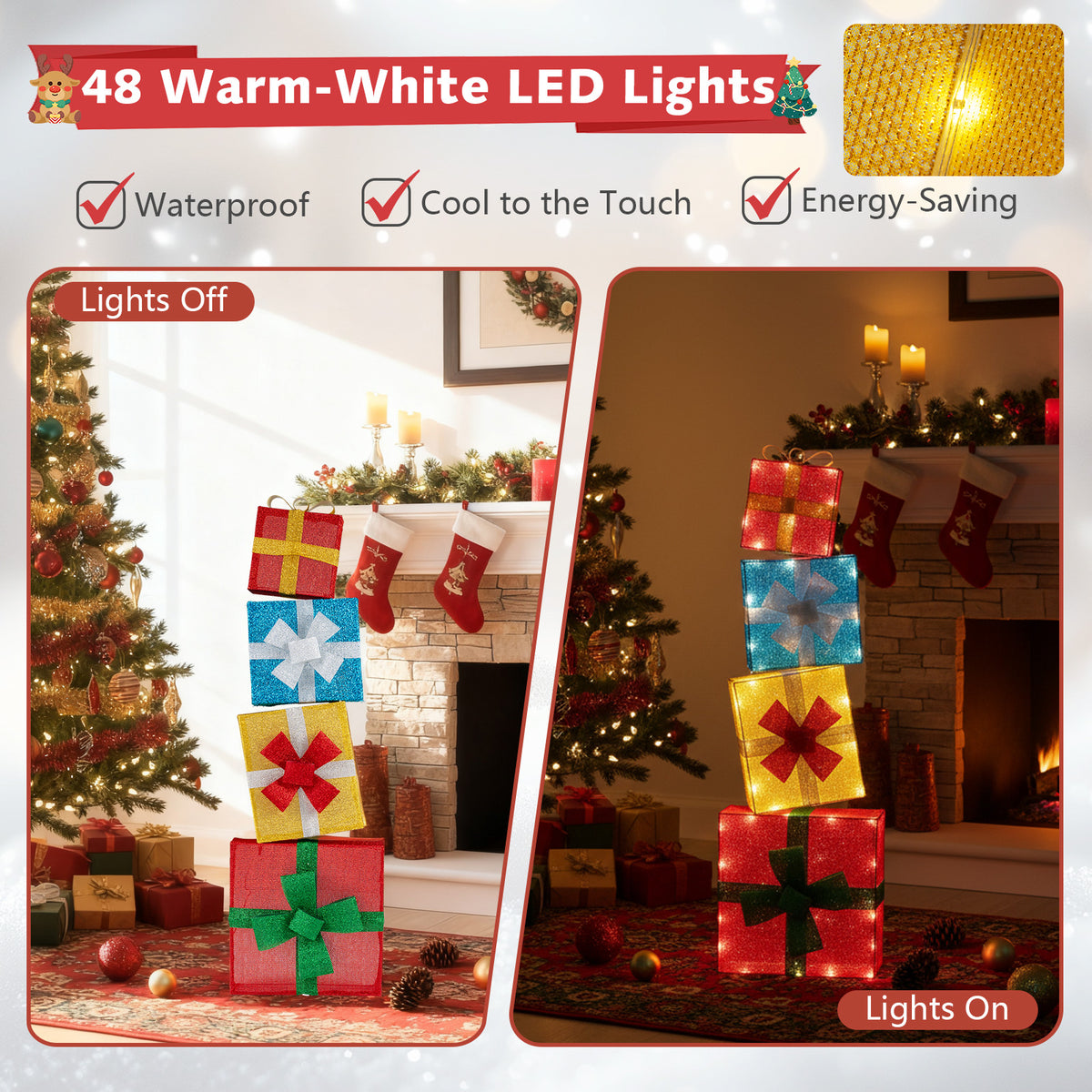 Set of 4 Lighted Christmas Gift Boxes Outdoor Decor - Pre-Lit Holiday Xmas Decorations