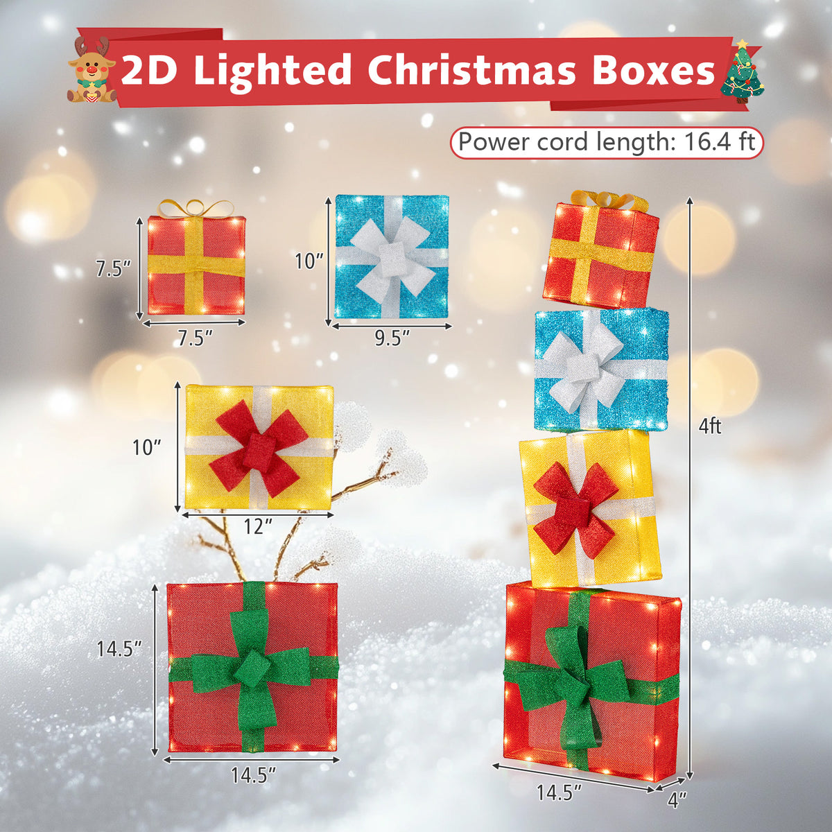 Set of 4 Lighted Christmas Gift Boxes Outdoor Decor - Pre-Lit Holiday Xmas Decorations