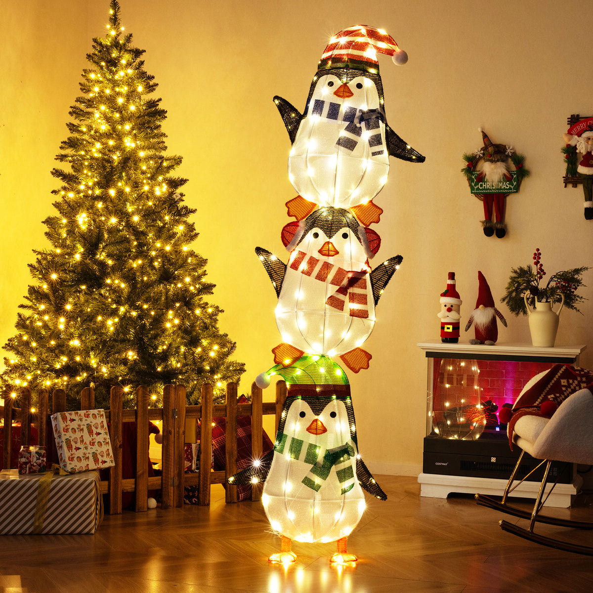 Lighted Penguins Decoration with Warm White Lights and Cute Hats - Stacked Christmas Penguins