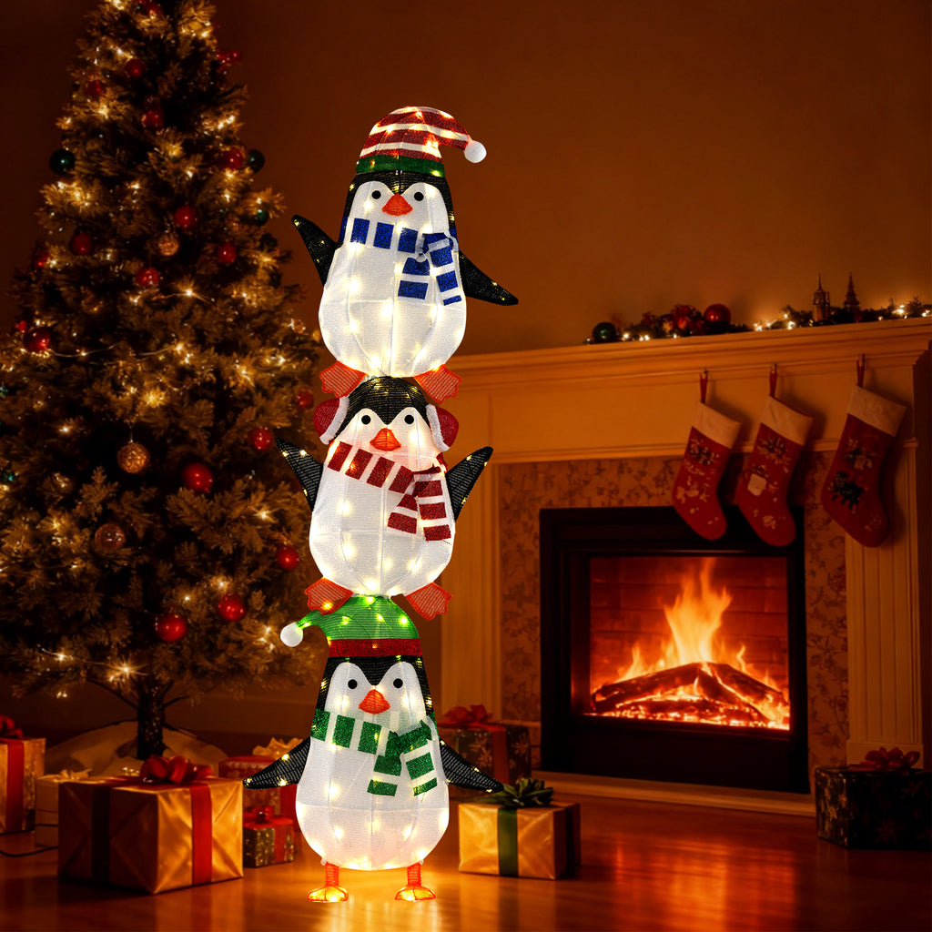 Lighted Penguins Decoration with Warm White Lights and Cute Hats - Stacked Christmas Penguins