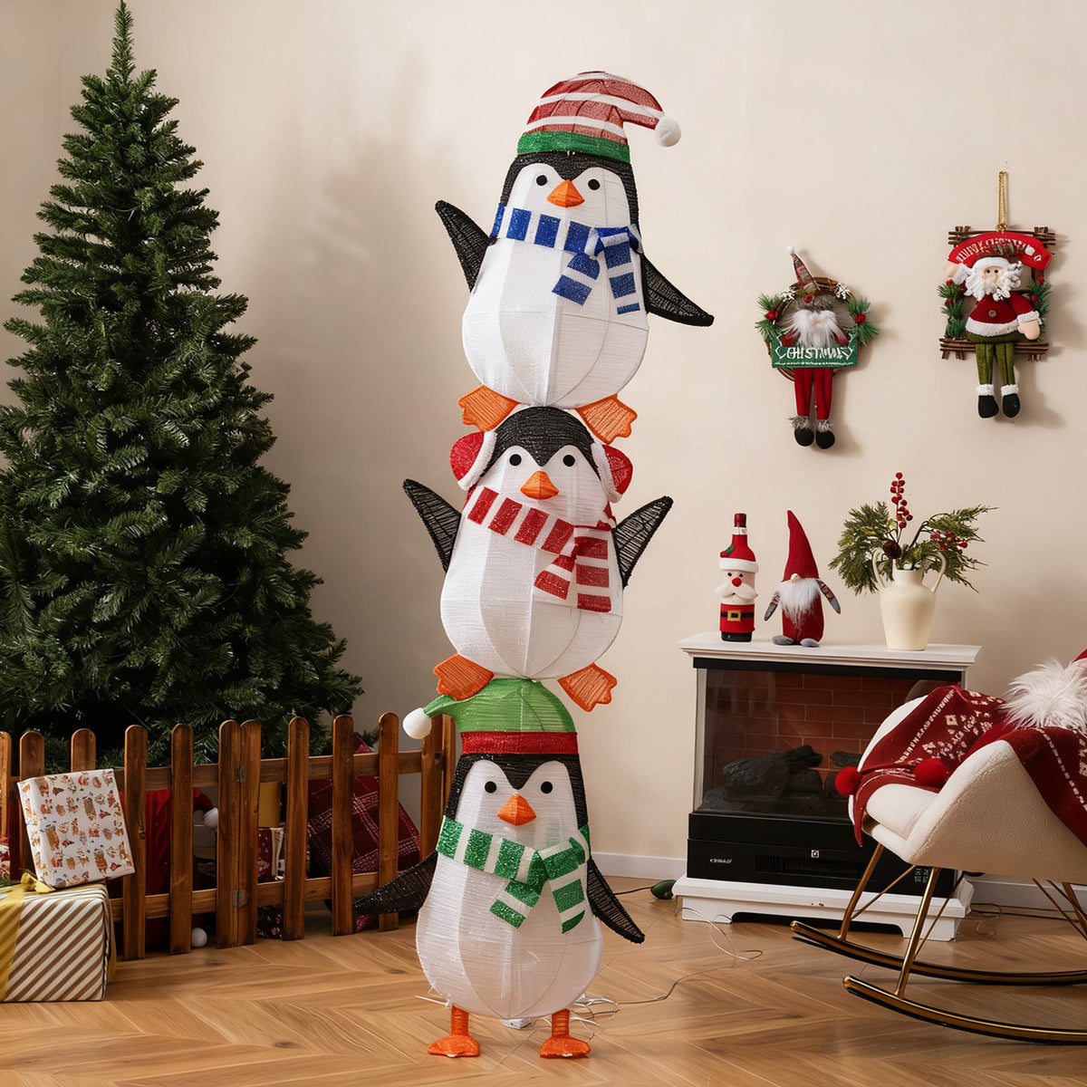 Lighted Penguins Decoration with Warm White Lights and Cute Hats - Stacked Christmas Penguins