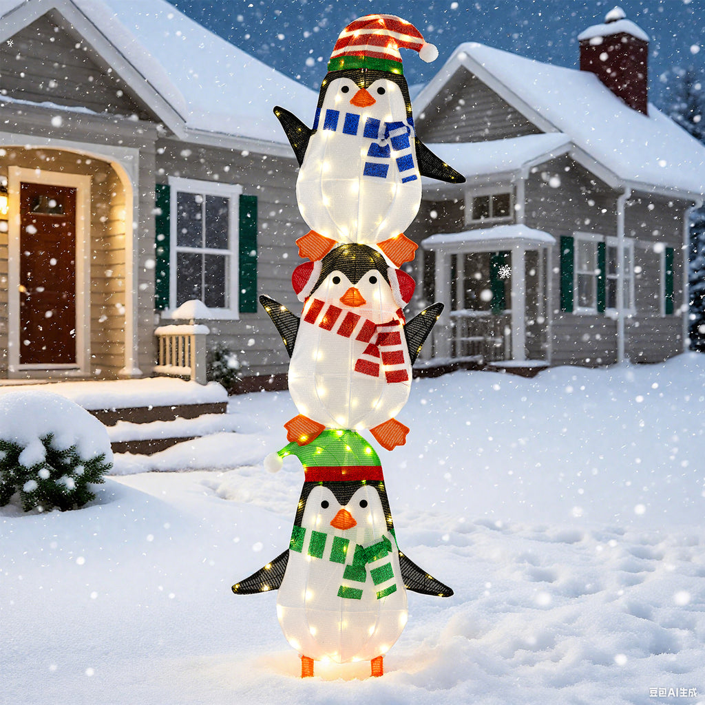 Lighted Penguins Decoration with Warm White Lights and Cute Hats - Stacked Christmas Penguins