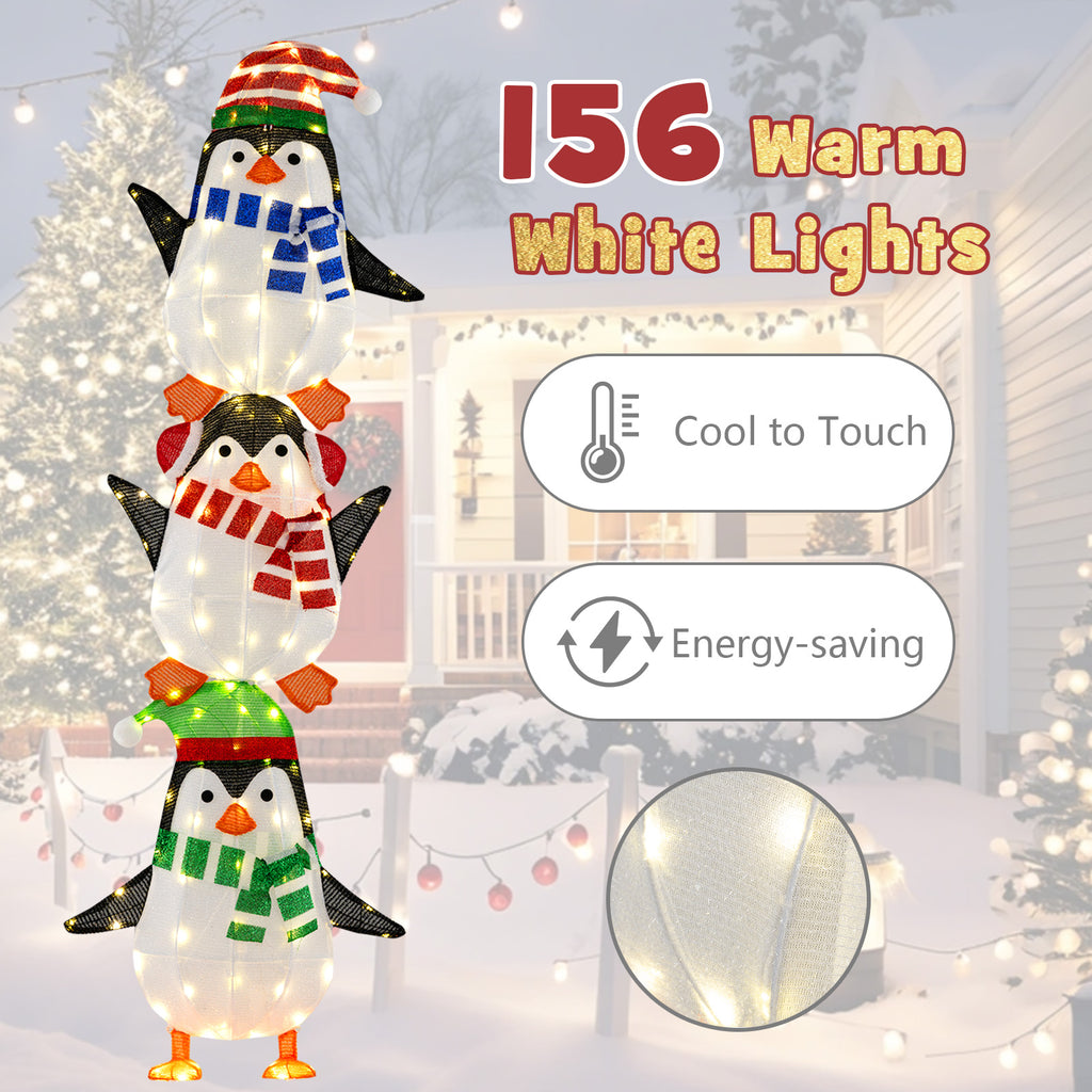 Lighted Penguins Decoration with Warm White Lights and Cute Hats - Stacked Christmas Penguins