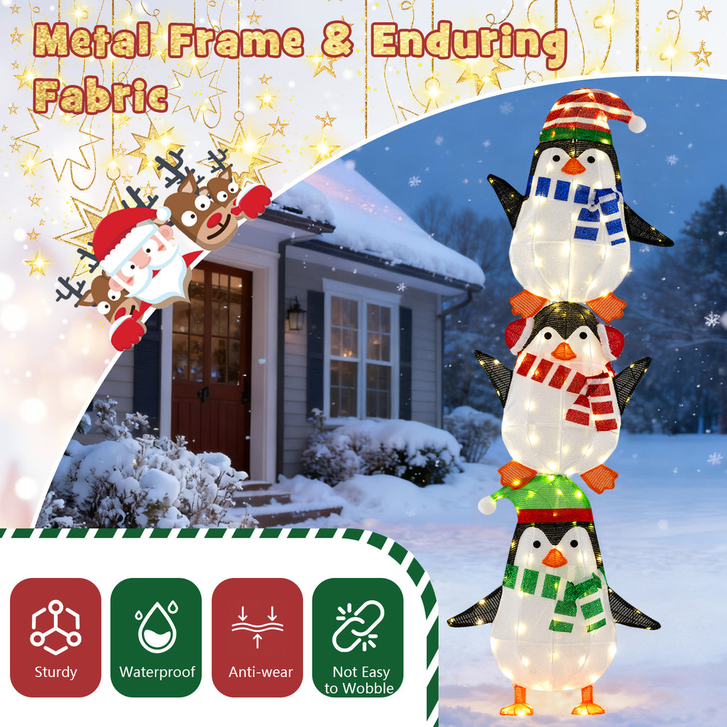 Lighted Penguins Decoration with Warm White Lights and Cute Hats - Stacked Christmas Penguins