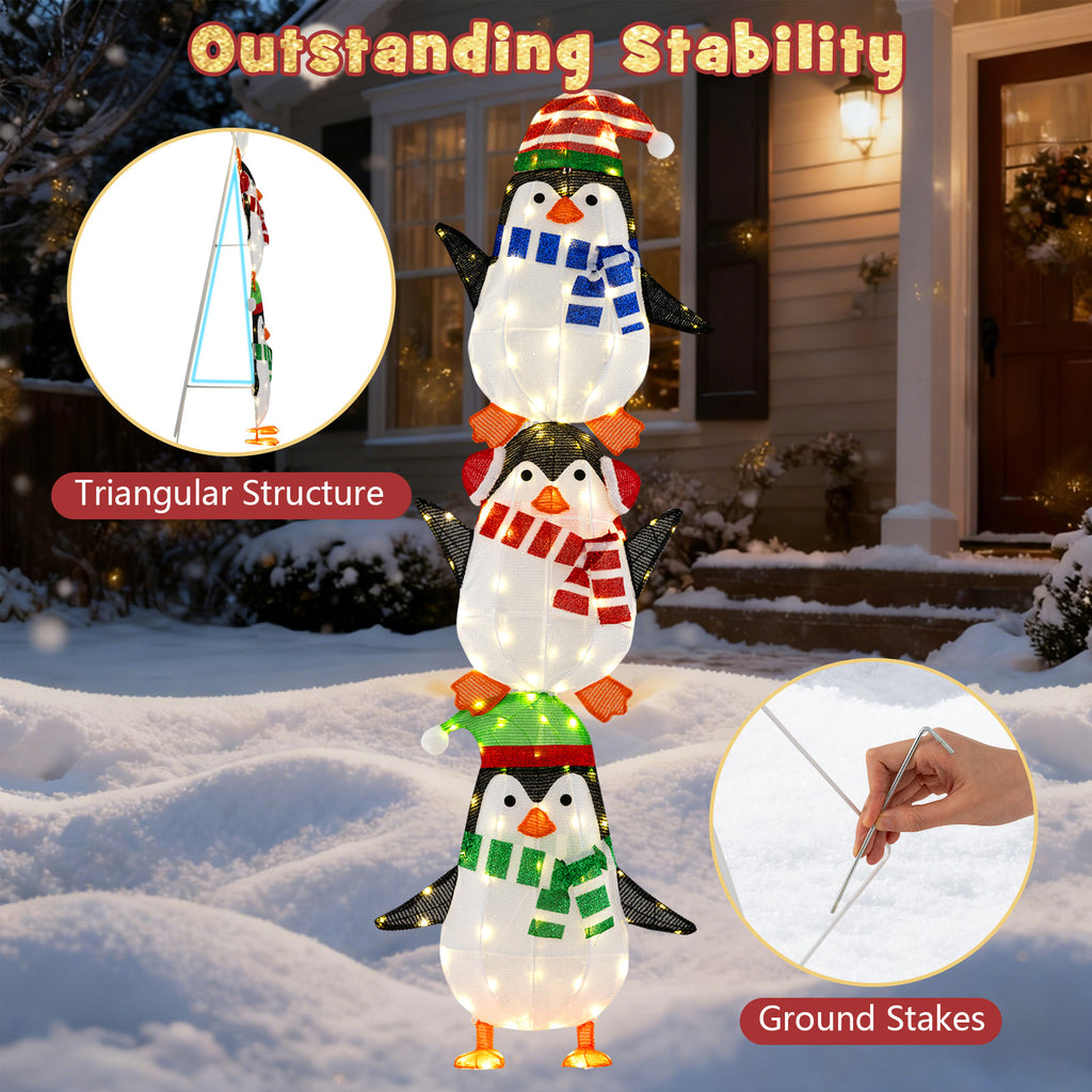 Lighted Penguins Decoration with Warm White Lights and Cute Hats - Stacked Christmas Penguins