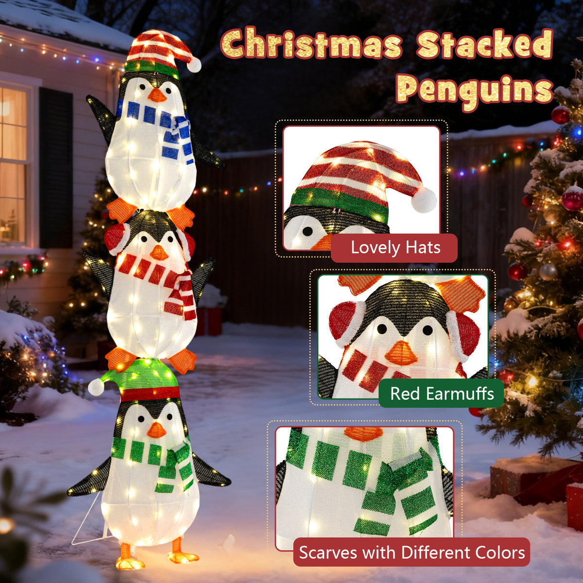 Lighted Penguins Decoration with Warm White Lights and Cute Hats - Stacked Christmas Penguins