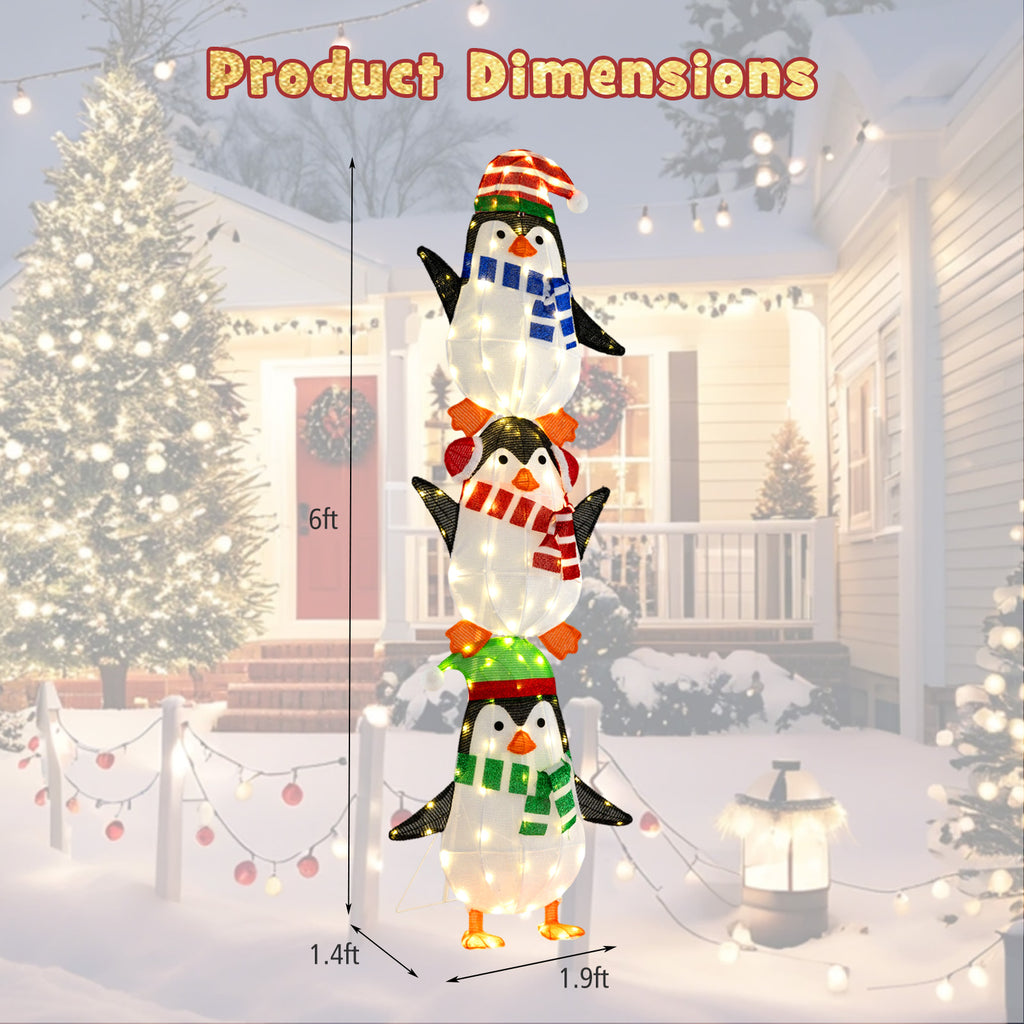 Lighted Penguins Decoration with Warm White Lights and Cute Hats - Stacked Christmas Penguins