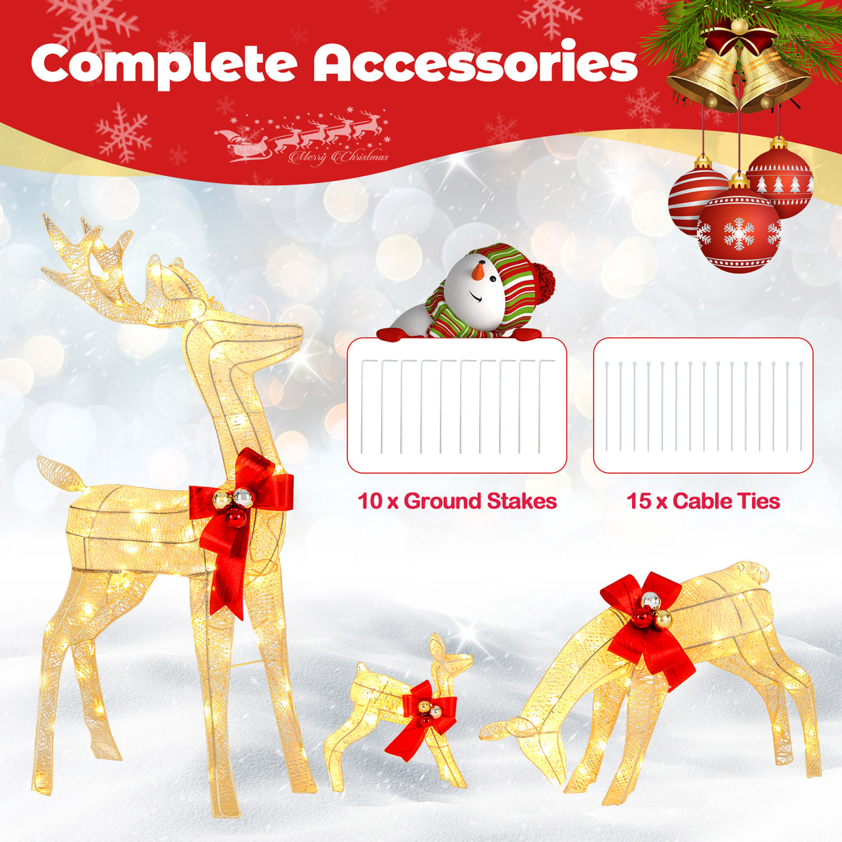 3-Piece Lighted Reindeer Family Set with 230 LED Stakes - Christmas Yard Decor