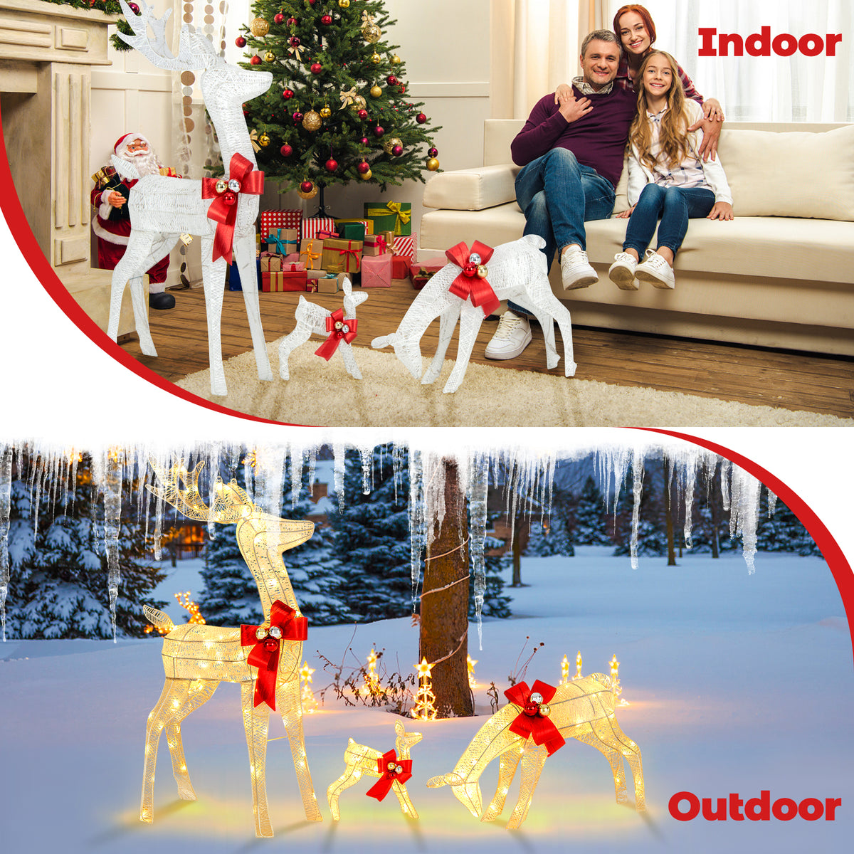 3-Piece Lighted Reindeer Family Set with 230 LED Stakes - Christmas Yard Decor
