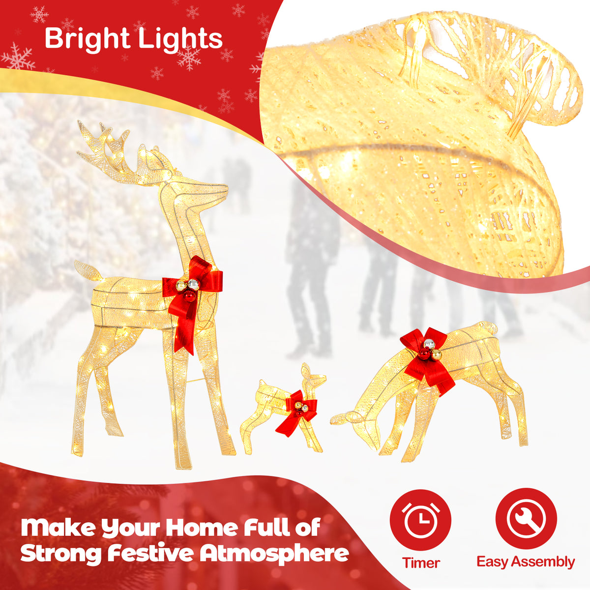 3-Piece Lighted Reindeer Family Set with 230 LED Stakes - Christmas Yard Decor
