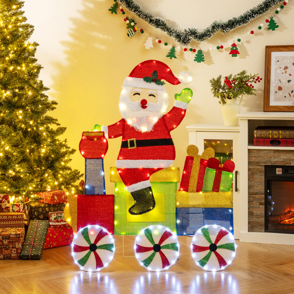 Lighted Santa on Train Christmas Decoration with LED Lights - Santa Carrying Gifts