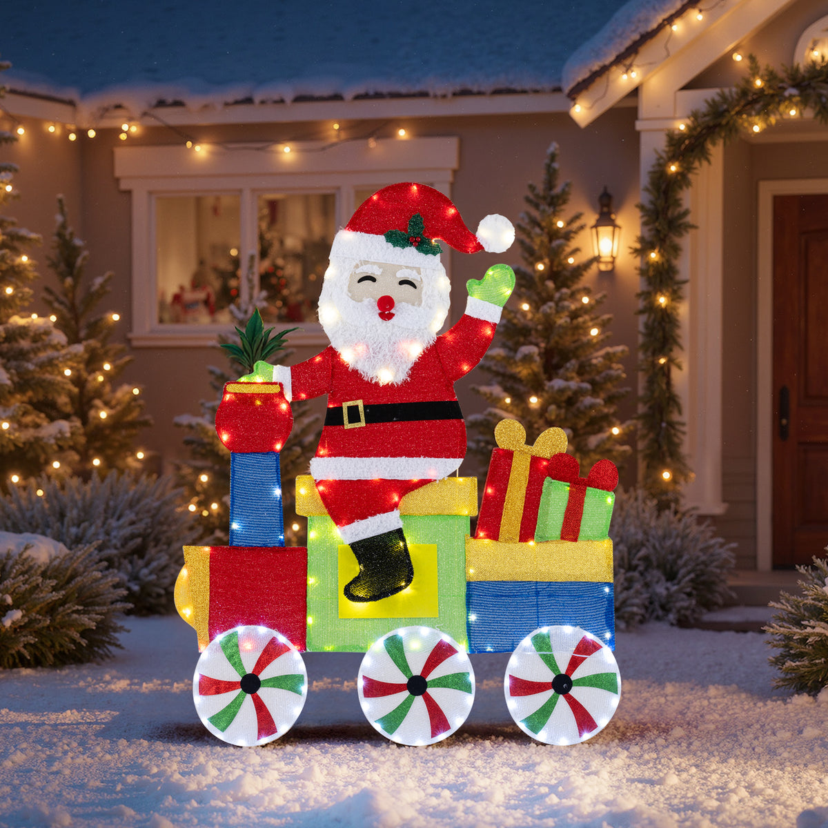 Lighted Santa on Train Christmas Decoration with LED Lights - Santa Carrying Gifts