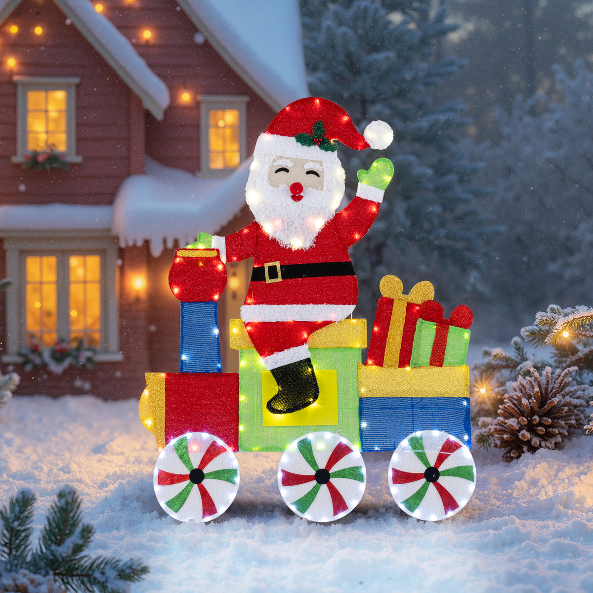 Lighted Santa on Train Christmas Decoration with LED Lights - Santa Carrying Gifts