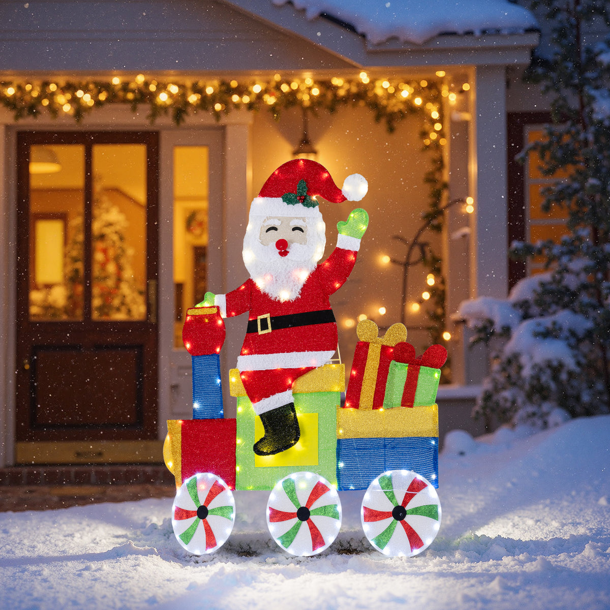 Lighted Santa on Train Christmas Decoration with LED Lights - Santa Carrying Gifts