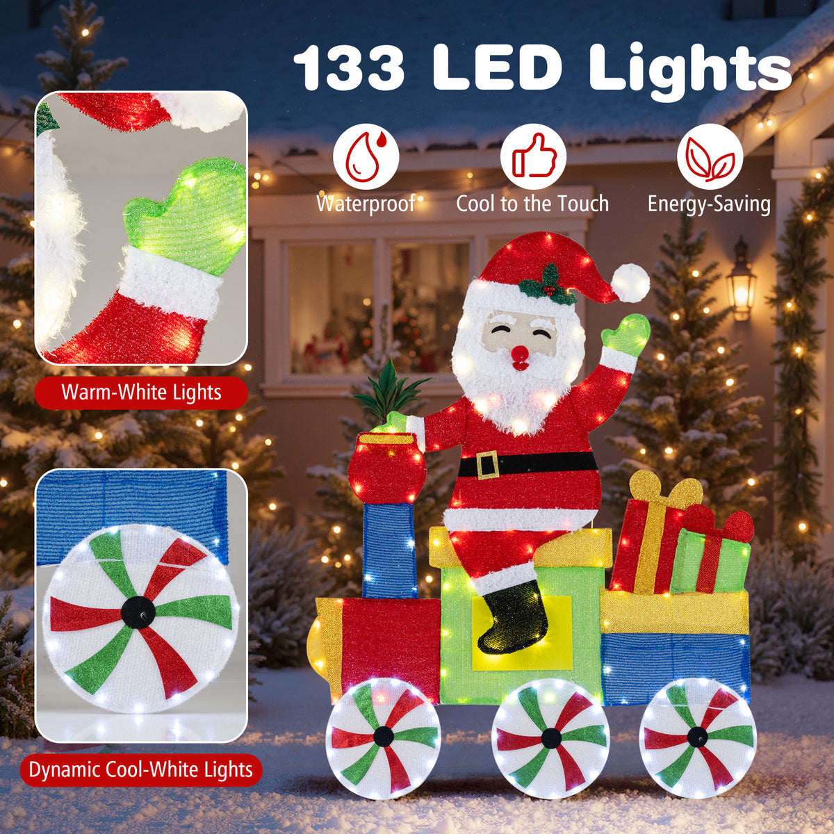 Lighted Santa on Train Christmas Decoration with LED Lights - Santa Carrying Gifts