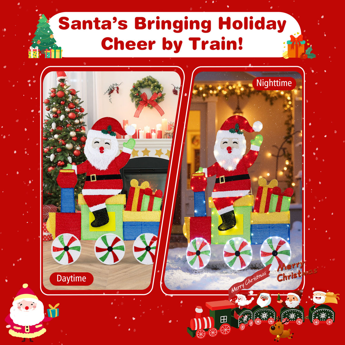 Lighted Santa on Train Christmas Decoration with LED Lights - Santa Carrying Gifts