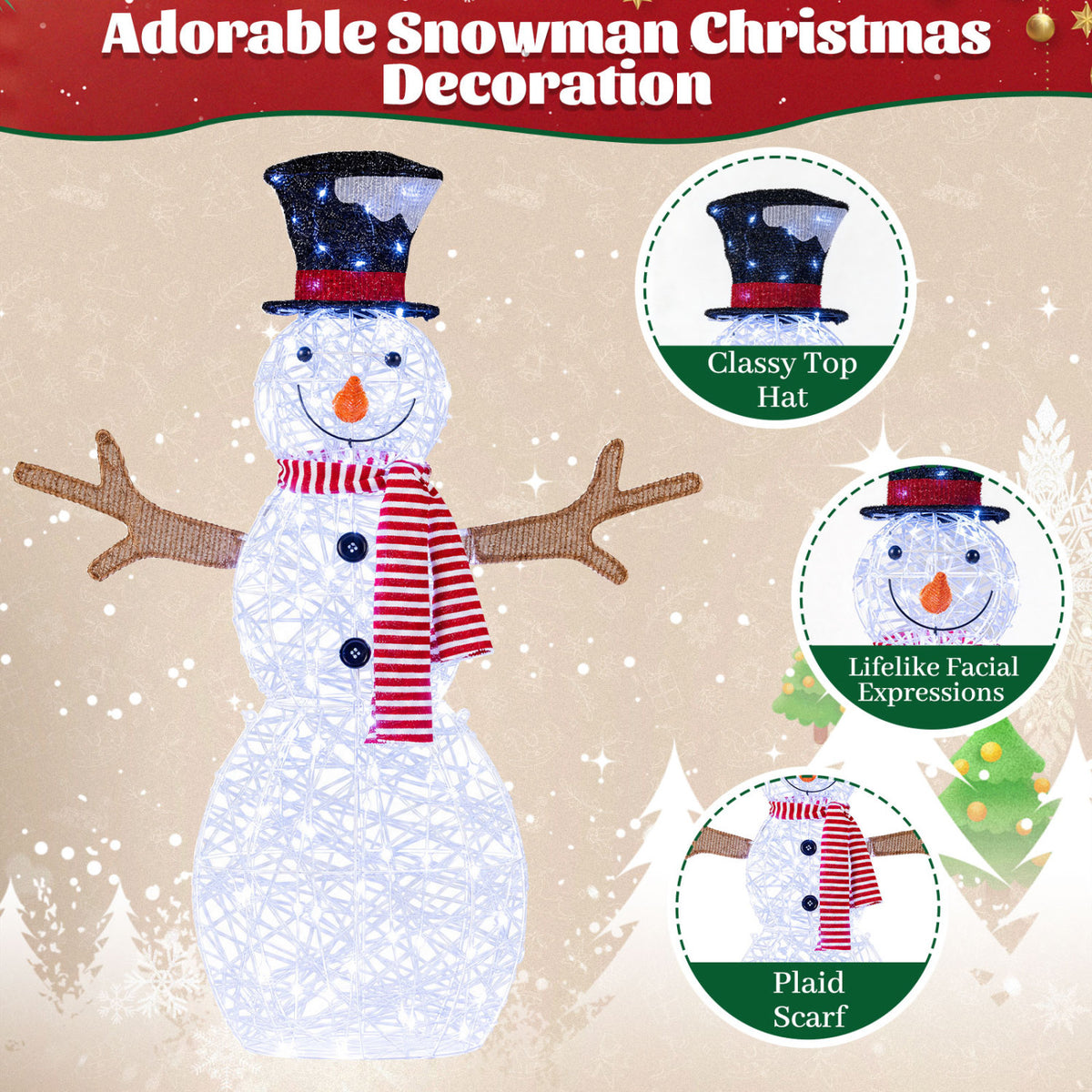 Lighted Snowman Christmas Decoration with Cold White LED Lights - Outdoor Holiday Decor