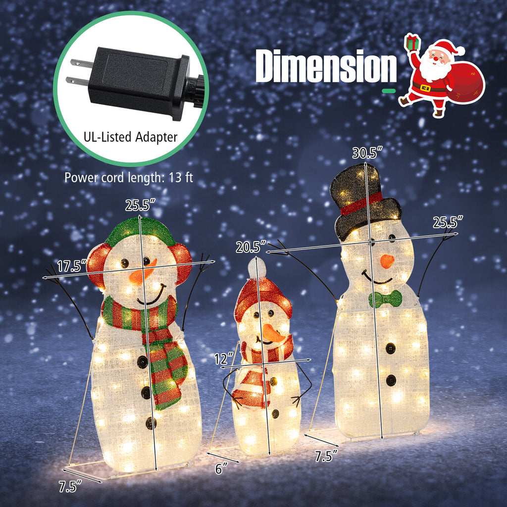Lighted Snowman Family Christmas Decoration Set - 3-Piece Pre-Lit Outdoor Holiday Display