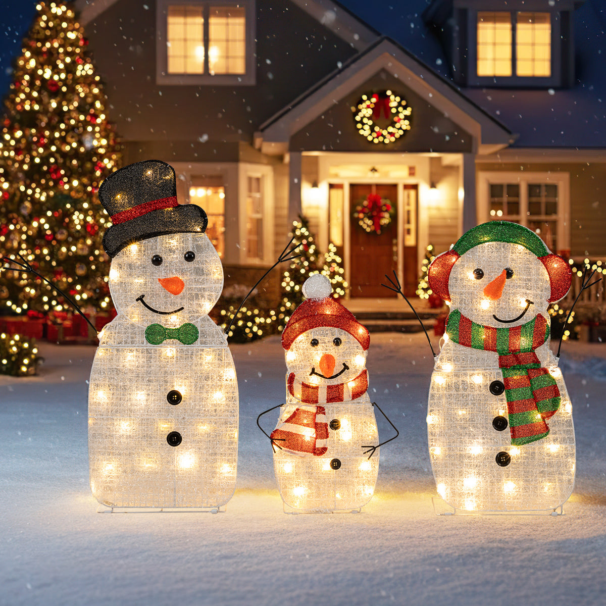 Lighted Snowman Family Christmas Decoration Set - 3-Piece Pre-Lit Outdoor Holiday Display