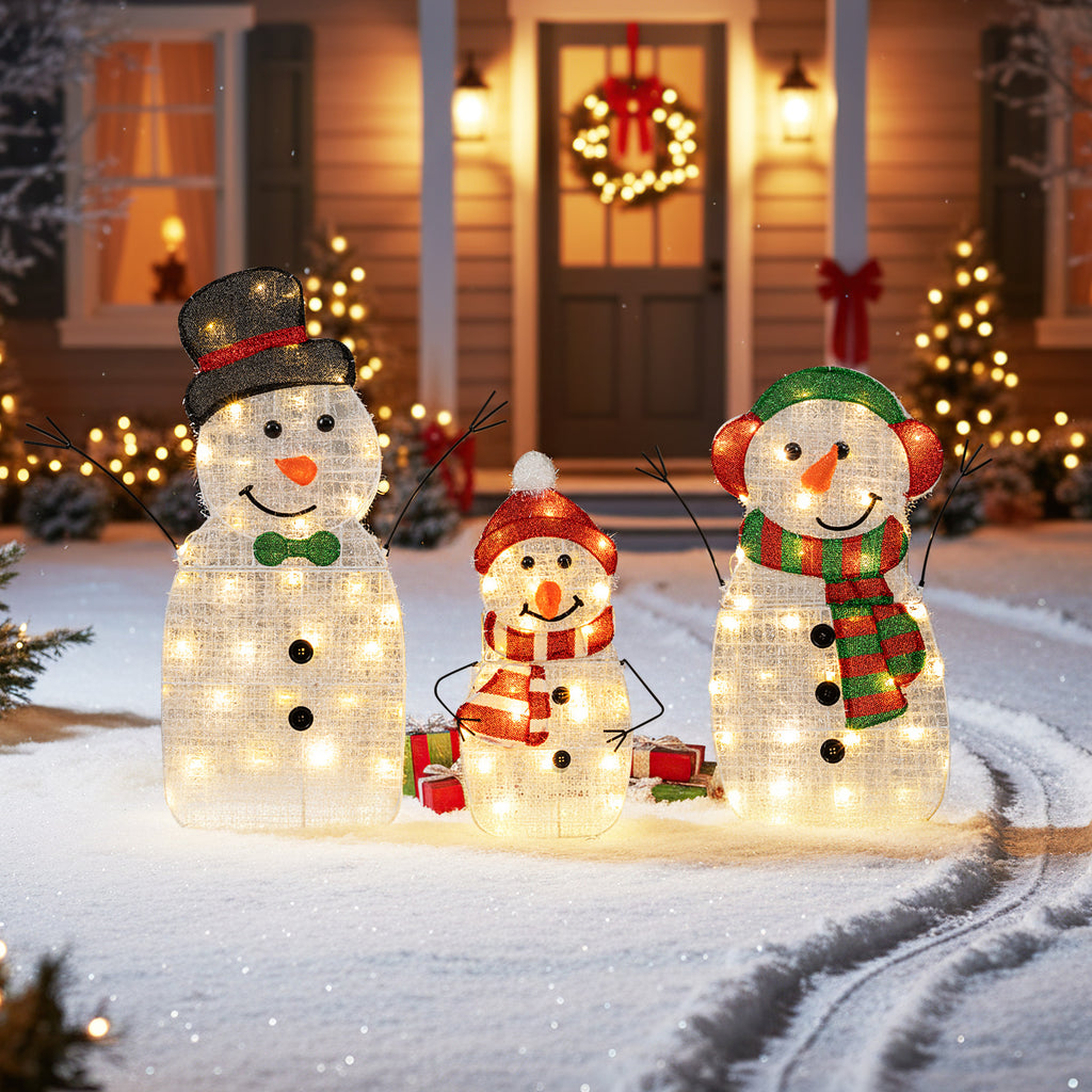 Lighted Snowman Family Christmas Decoration Set - 3-Piece Pre-Lit Outdoor Holiday Display