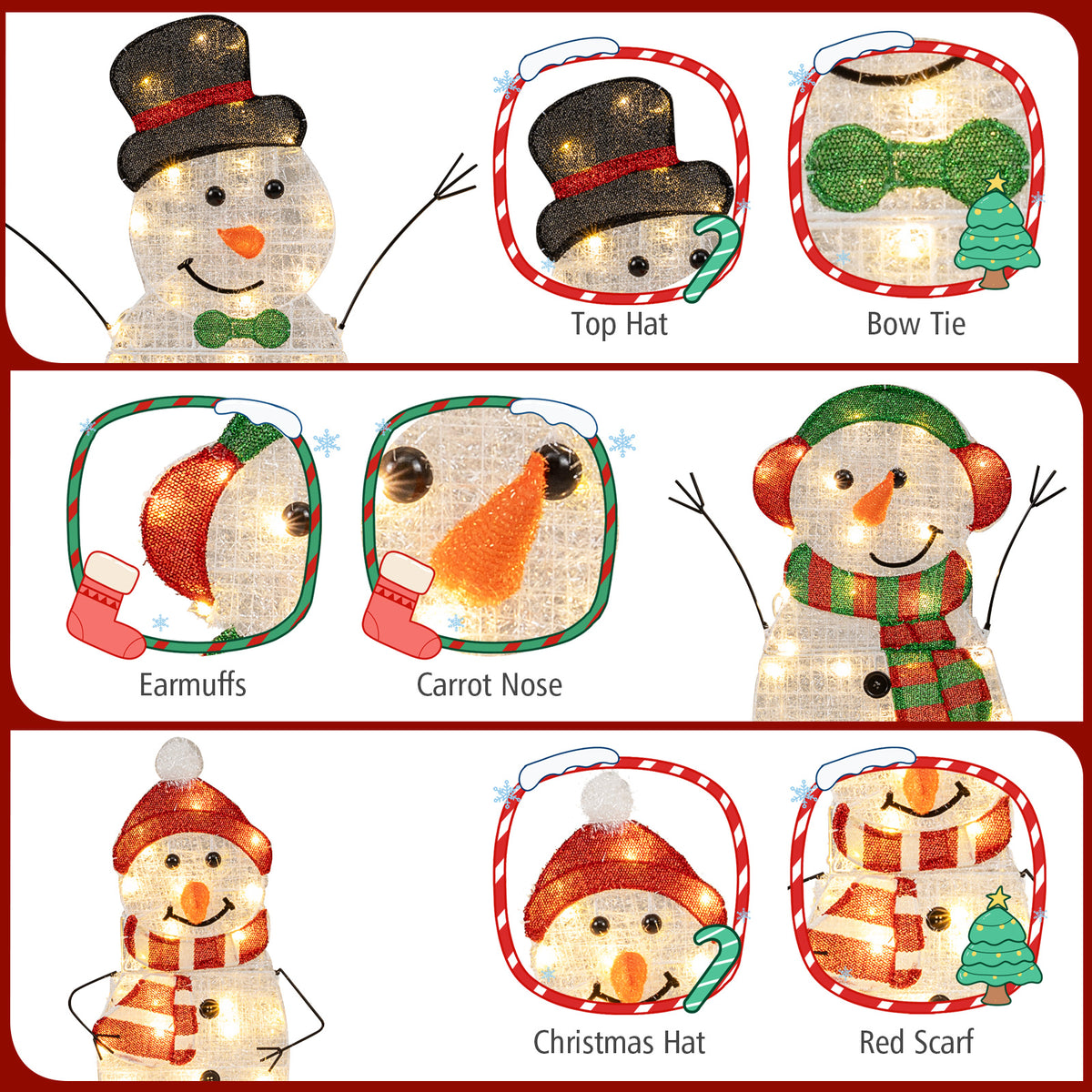 Lighted Snowman Family Christmas Decoration Set - 3-Piece Pre-Lit Outdoor Holiday Display