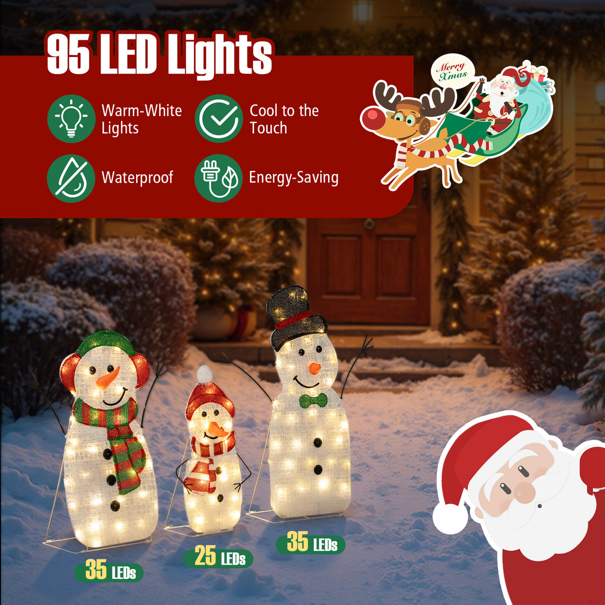Lighted Snowman Family Christmas Decoration Set - 3-Piece Pre-Lit Outdoor Holiday Display