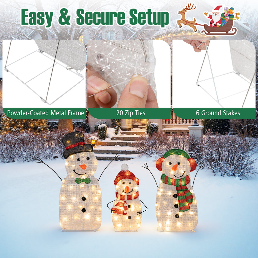 Lighted Snowman Family Christmas Decoration Set - 3-Piece Pre-Lit Outdoor Holiday Display