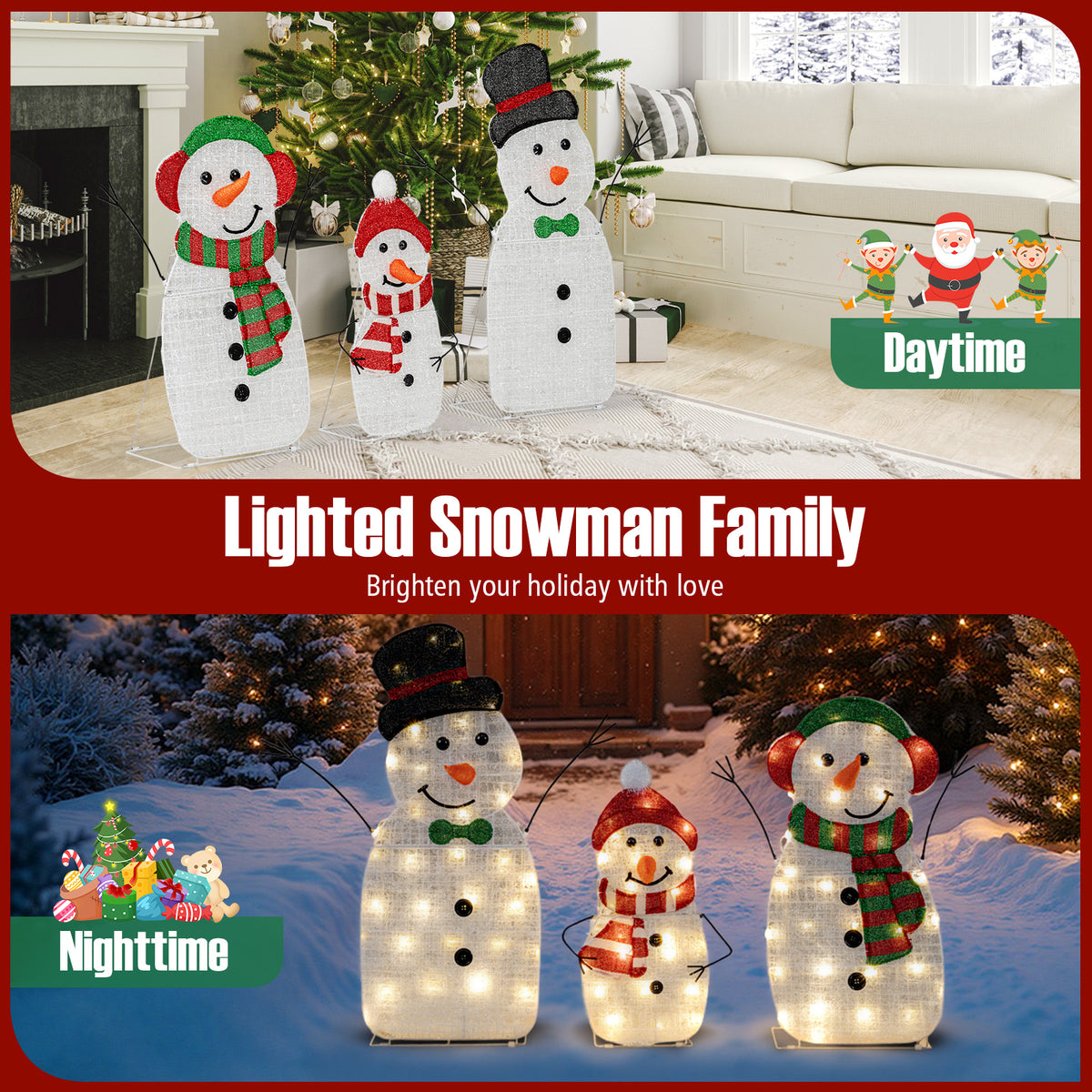 Lighted Snowman Family Christmas Decoration Set - 3-Piece Pre-Lit Outdoor Holiday Display