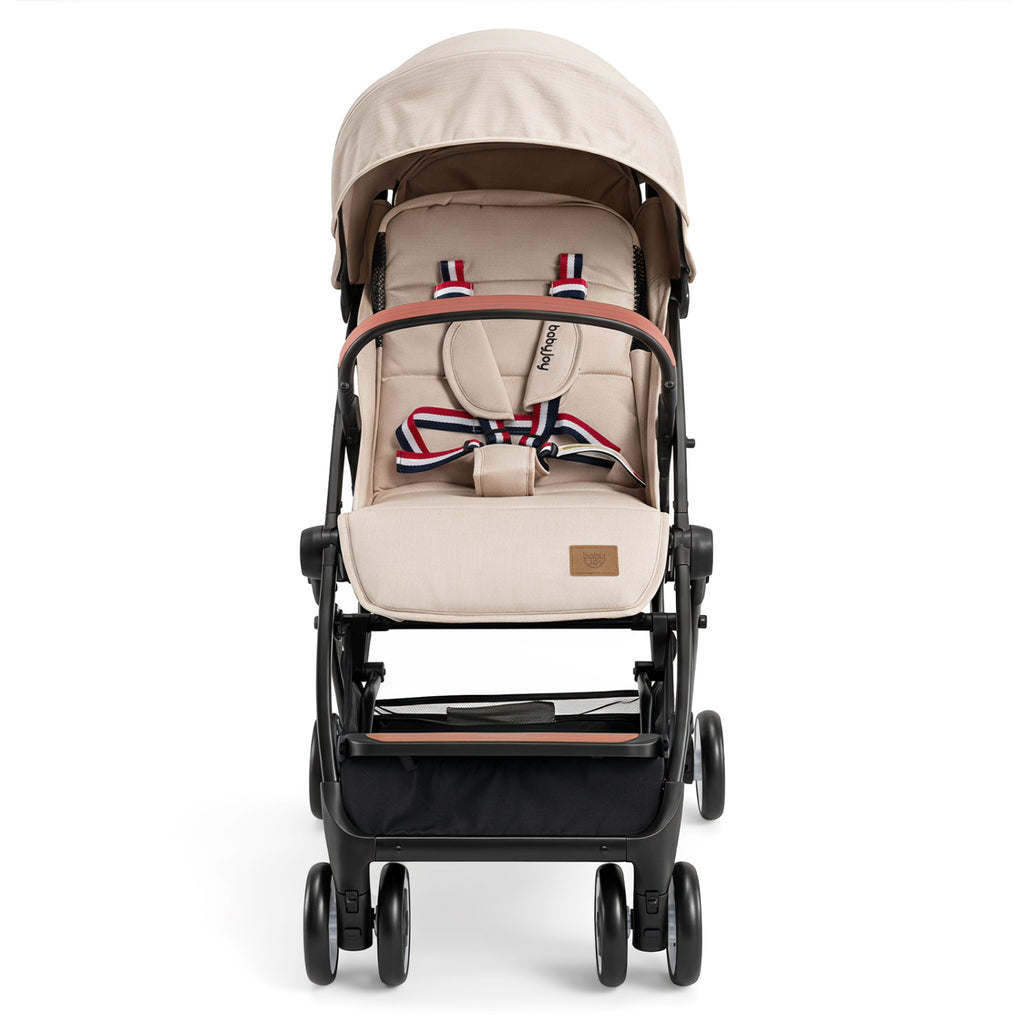 Lightweight Baby Stroller with 3-Position Backrest Beige - Compact Travel Toddler Pushchair for Airplane