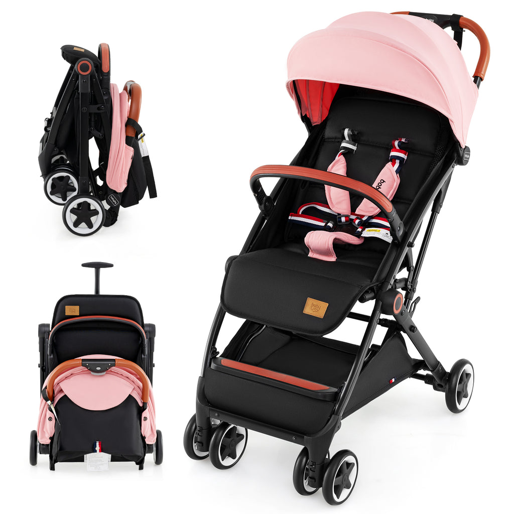 Baby Stroller - Lightweight Compact Travel Pushchair with 3-Position Backrest & Pink