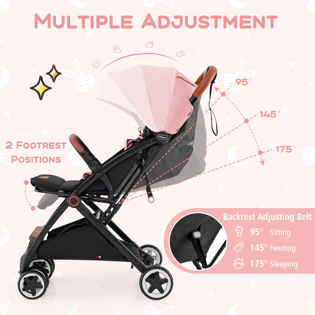 Baby Stroller - Lightweight Compact Travel Pushchair with 3-Position Backrest & Pink